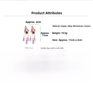 Detailed size and material specs for pink crystal water drop fringe earrings with silver needles