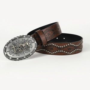 Brown western leather belt featuring embossed letters, metal studs, and an ornate buckle