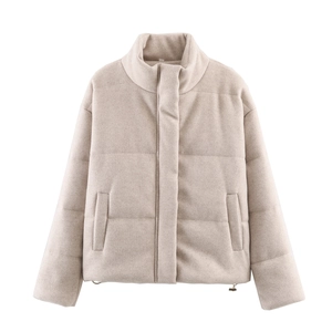 Women Short Jacket Stand Collar Zipper Warm Brushed Polyester Padded Coat Oatmeal Beige Casual Elegant Winter Outerwear