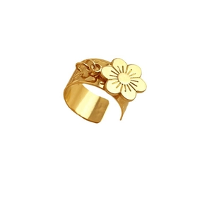 Anello aperto in acciaio inossidabile dorato con ciondolo a fiore e dettaglio laterale