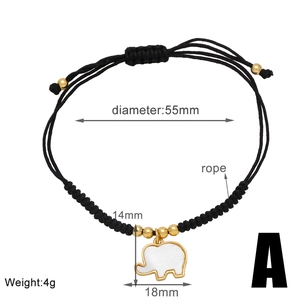 Detalle de pulsera de cuerda trenzada negra con colgante de elefante dorado y especificaciones
