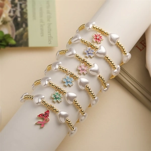 Elastic Beaded Bracelet Heart Imitation Artificial Pearl Copper Beads Enamel Flower Butterfly Pendant Jewelry For Women