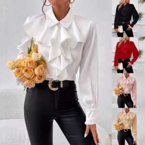 Camicetta Elegante Da Donna In Raso A Maniche Lunghe Con Volant A Strati Colletto Rovesciato Top Da Ufficio