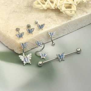 Blue enamel butterfly piercing jewelry set with crystals on silver stainless steel