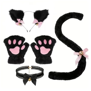 5-piece pink and black plush cat cosplay set including ears, paws, collar, and tail