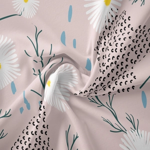 Detail of bohemian tapestry fabric showing delicate daisy print and smooth textile texture