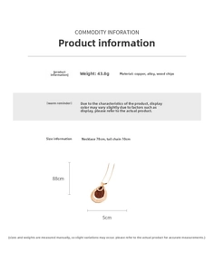 Detail view of water drop wood pendant necklace with size and material specifications
