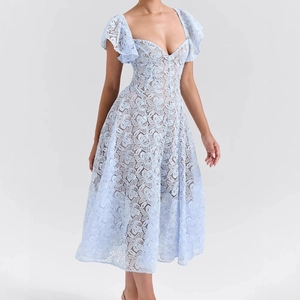 Elegantes Blumen Spitze Maxi Kleid V-Ausschnitt Flatterärmel Hohe Taille Schlankmachend A-Linie Partykleid Für Damen
