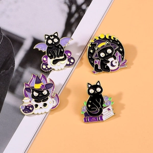 Set of 4 magic black cat enamel pins featuring skull, potion, and wizard book designs