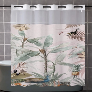 Close-up of tropical jungle pattern with monkeys and birds on waterproof shower curtain