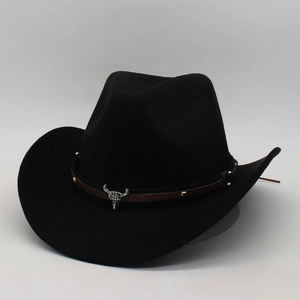 Black faux suede cowboy hat with bull head skull pendant and silver metal rivets