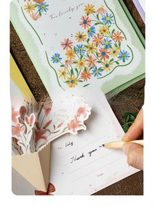 Detail of 3D floral popup card showing premium white cardstock and writing area
