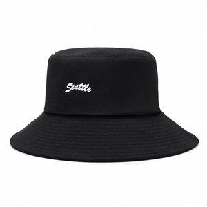 Black bucket hat with white Seattle embroidery in premium twill cotton for sun protection