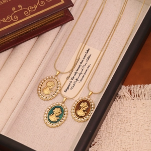 French vintage cameo pendant necklaces with pearls and gold stainless steel chains