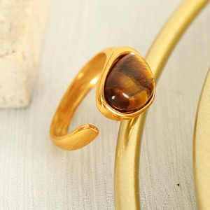 Vintage geometric gold tiger eye ring with adjustable open band for women