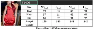 Size chart detail for the burgundy satin evening dress showing measurements in centimeters