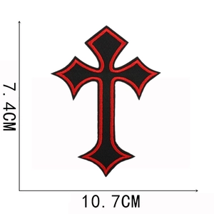 Embroidered gothic cross patch with red and black stitching, 10.7cm x 7.4cm size