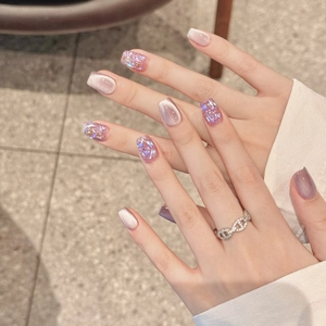 Premium handmade taro purple cat-eye press-on nails with glitter and aurora flakes
