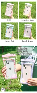 Detail of waterproof phone pouches with dual locking buckles and cartoon character designs