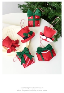 Mini red and green felt Christmas ornaments including hat and gift box with hanging strings