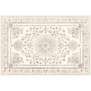 French vintage style beige living room rug with Persian floral patterns and center medallion
