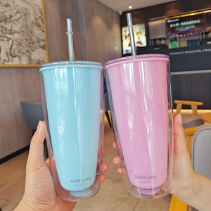 750ml double-layer plastic tumbler set in blue and pink with straw and Good Lucky print
