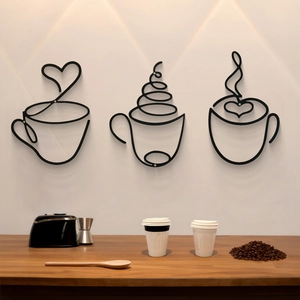 Set of three coffee themed black metal wire wall art pieces for cafe and kitchen decor