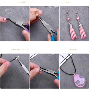 Detail showing jewelry pliers assembling pink tassel earrings and resin necklaces