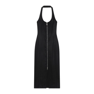 Slim fit black denim halter maxi dress with full length metal zipper on white background