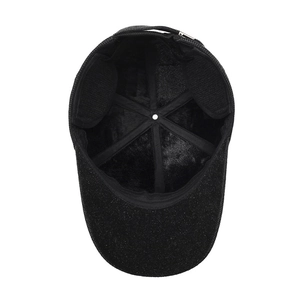 Men's winter black baseball cap with thick fleece lining and folding ear flaps