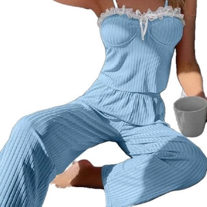 Light blue ribbed knit pajama set for women with floral lace trim and cami top