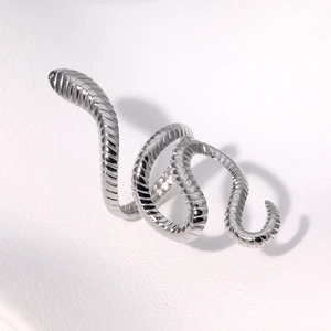 Macro view of silver snake wrap ring featuring detailed scale texture and metallic shine
