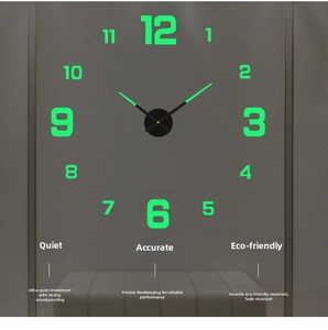 Detail of DIY luminous acrylic wall clock with green glowing numbers and silent movement