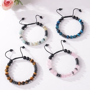 Amazonite and matte black onyx Morse code bracelets with adjustable woven cord