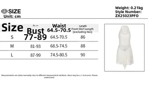 Detailed size chart for lace halter backless mini dress in S, M, L with cm measurements