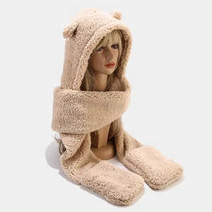 Detail of 3-in-1 bear ear plush hat scarf and glove set in soft beige fleece material