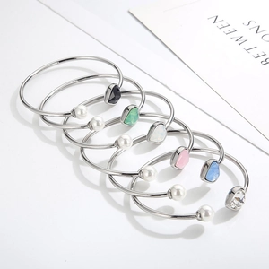 Silver stainless steel open bangles with pearls and colorful gemstones in six colors