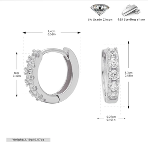 Detail of 925 sterling silver hoop earrings with 5A zircons showing size measurements