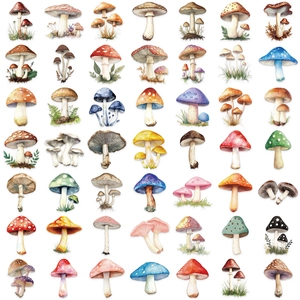 Collection of 50 waterproof cartoon mushroom stickers in vibrant watercolor styles
