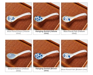 Detailed comparison of six Japanese blue and white ceramic spoons with floral patterns
