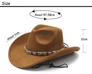 Size guide for brown faux suede western cowboy hat with detailed measurements and cord