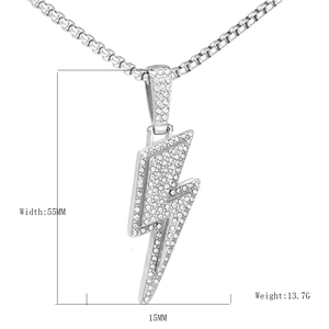 Silver hip hop lightning pendant necklace with micro-pave zircons for men, 55mm width
