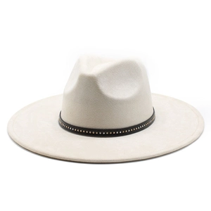 Detail of cream suede fedora with black leather band and metallic studded rivets