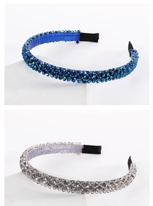 Detail view of handmade beaded headbands in deep blue and silver gray crystal