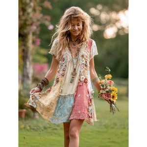 Bohemian Midi Dress V-Neck Short Sleeve 3D Floral Embroidery Patchwork Lace Vacation Retro Style For Women