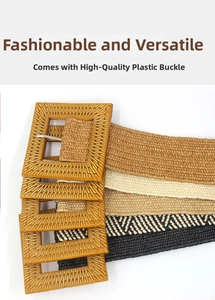 Detail view of colorful woven belts with large square plastic buckles in various patterns