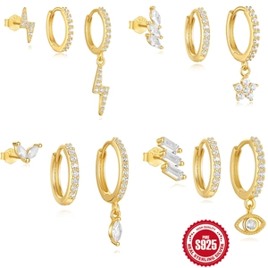 925 Sterling Silver Earring Post Gold Plated Hoops Studs Evil Eye Lightning Zirconia Jewelry For Women Elegant