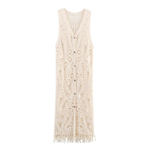 Gilet All'uncinetto Da Donna Cardigan Traforato Frange Scollo A V Senza Maniche Lungo Copricostume Da Spiaggia Boho