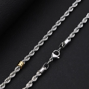 Two-tone 5mm stainless steel twisted rope necklace featuring a golden accent bead and lobster clasp