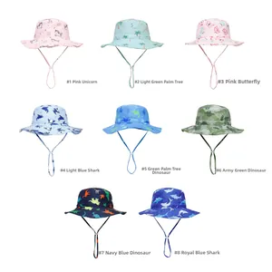 Selection of 8 colorful sun hats for kids with adjustable chin straps and animal patterns